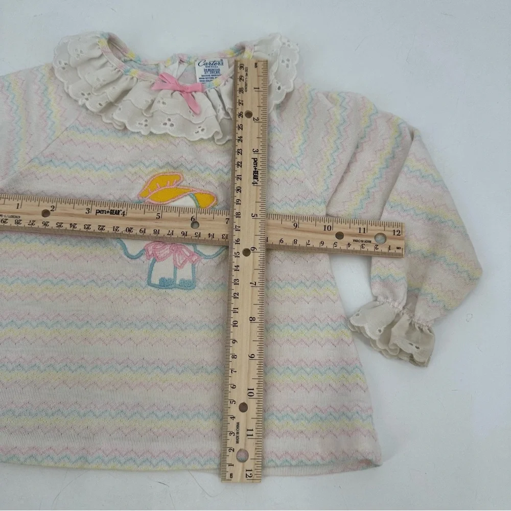 3/$15 VTG CARTERS Baby Tee 24 Months L/S Eyelet Elephant Applique Pastel Top USA